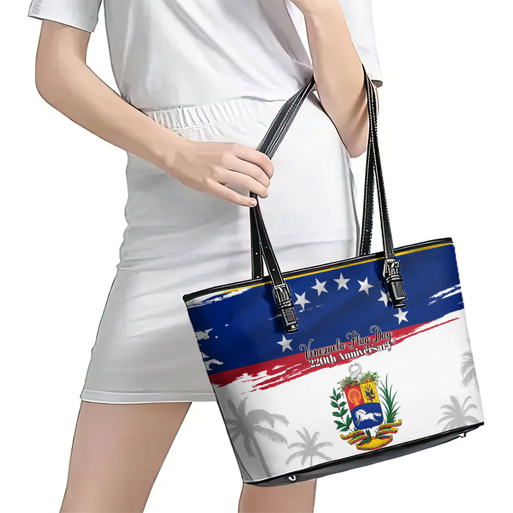 Venezuela Flag Day Leather Tote Bag 220th Anniversary Coat Of Arms Palm Tree Silhouette