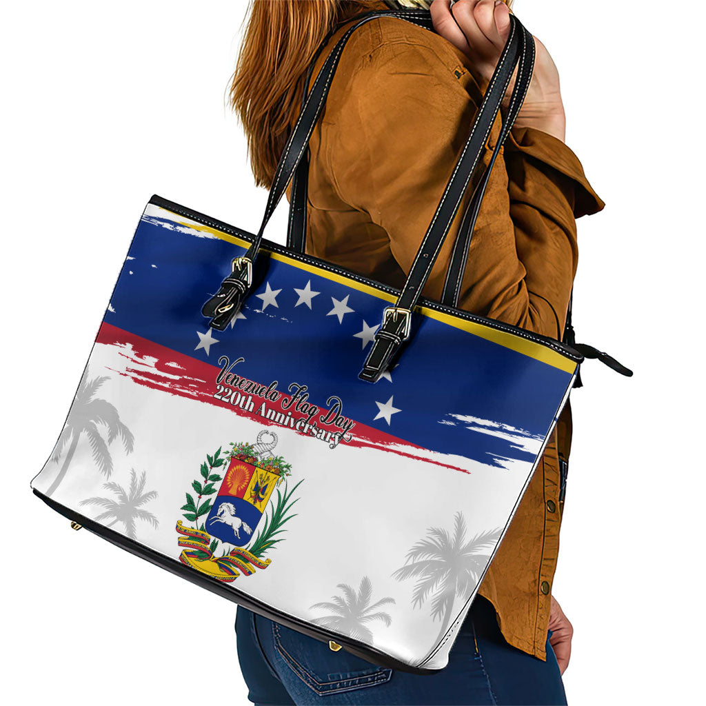 Venezuela Flag Day Leather Tote Bag 220th Anniversary Coat Of Arms Palm Tree Silhouette