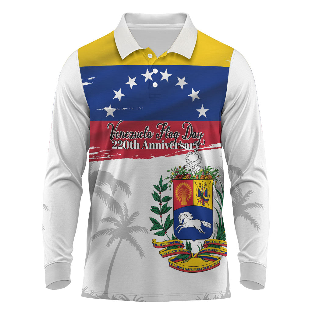 Venezuela Flag Day Long Sleeve Polo Shirt 220th Anniversary Coat Of Arms Palm Tree Silhouette