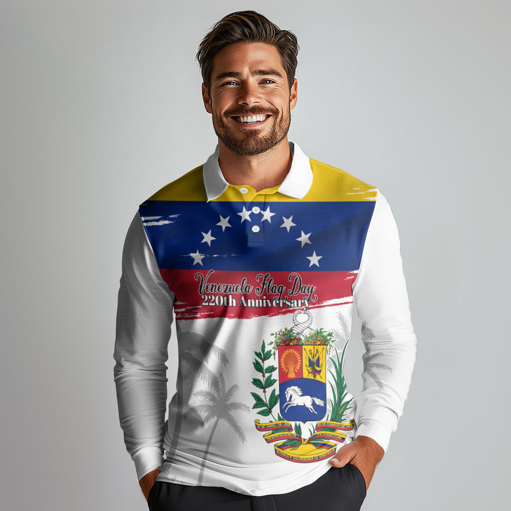 Venezuela Flag Day Long Sleeve Polo Shirt 220th Anniversary Coat Of Arms Palm Tree Silhouette