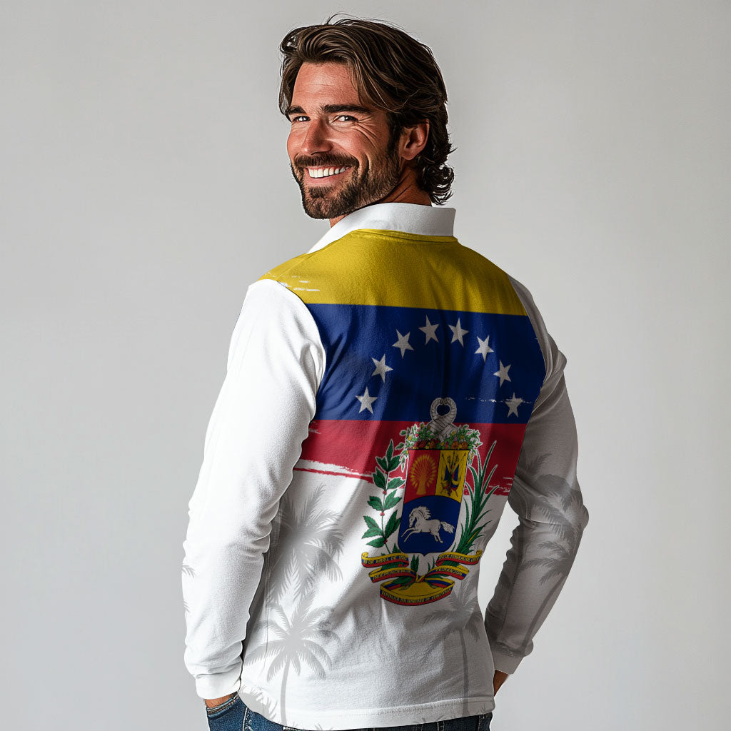 Venezuela Flag Day Long Sleeve Polo Shirt 220th Anniversary Coat Of Arms Palm Tree Silhouette