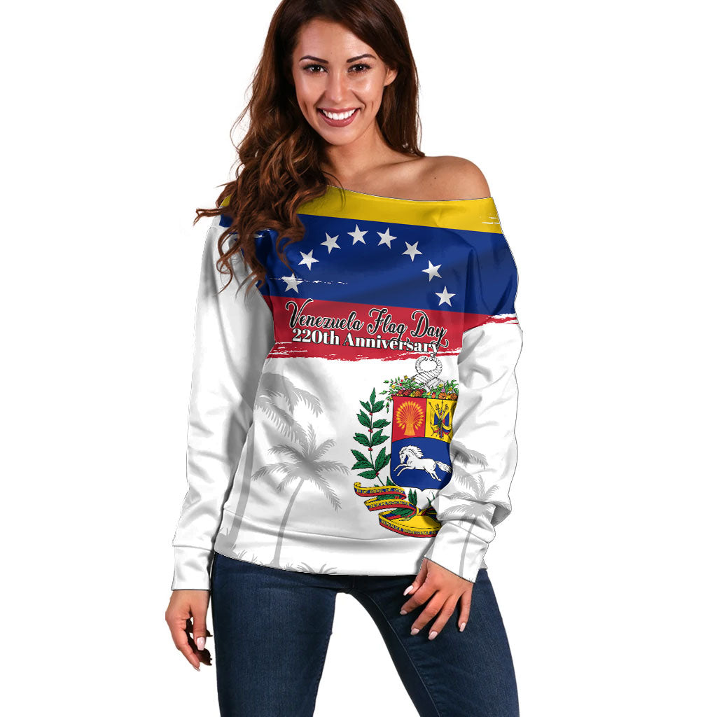 Venezuela Flag Day Off Shoulder Sweater 220th Anniversary Coat Of Arms Palm Tree Silhouette