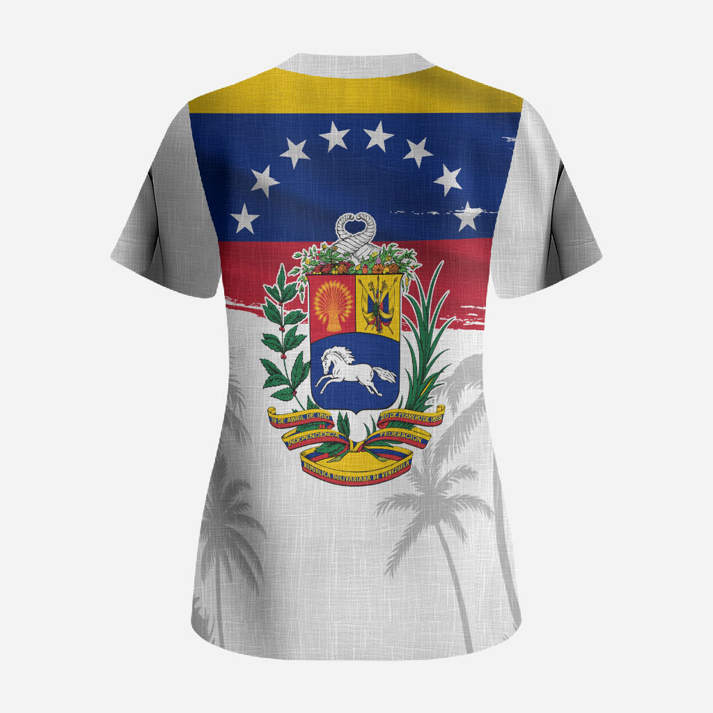 Venezuela Flag Day Scrub Top 220th Anniversary Coat Of Arms Palm Tree Silhouette