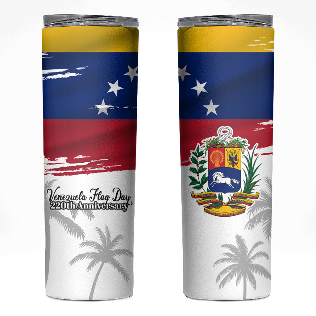 Venezuela Flag Day Skinny Tumbler 220th Anniversary Coat Of Arms Palm Tree Silhouette
