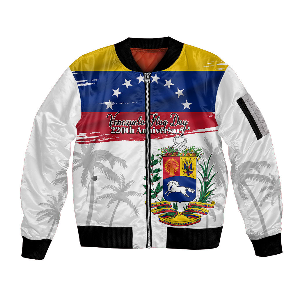 Venezuela Flag Day Sleeve Zip Bomber Jacket 220th Anniversary Coat Of Arms Palm Tree Silhouette
