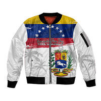 Venezuela Flag Day Sleeve Zip Bomber Jacket 220th Anniversary Coat Of Arms Palm Tree Silhouette