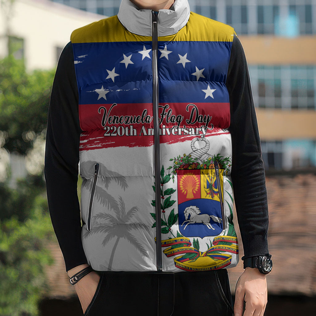 Venezuela Flag Day Sleeveless Puffer Jacket 220th Anniversary Coat Of Arms Palm Tree Silhouette