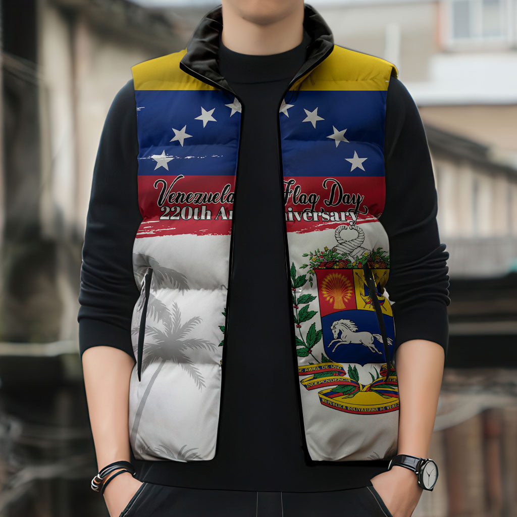Venezuela Flag Day Sleeveless Puffer Jacket 220th Anniversary Coat Of Arms Palm Tree Silhouette