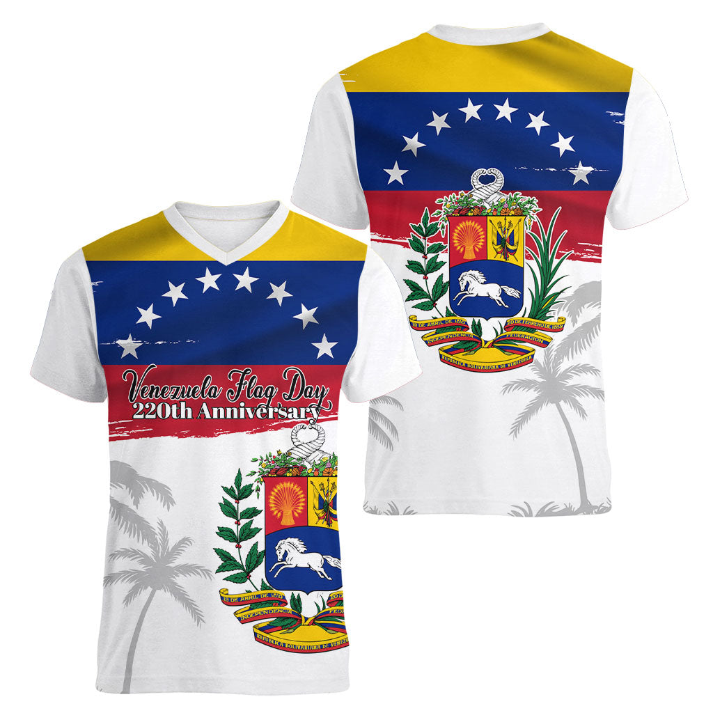Venezuela Flag Day Women V-Neck T-Shirt 220th Anniversary Coat Of Arms Palm Tree Silhouette