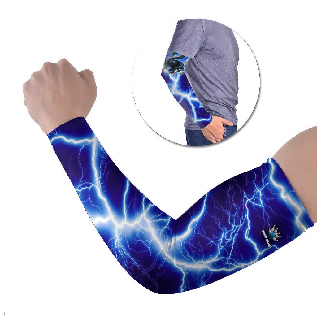 Snake and Bowling Ball Design Arm Sleeves with Lightning Background and Custom Team Name Text - Wonder Print Shop