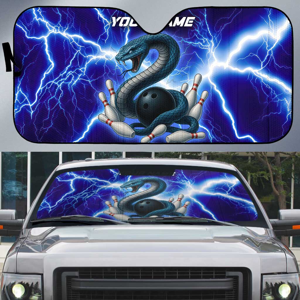 Snake and Bowling Ball Design Auto Sun Shade with Lightning Background and Custom Team Name Text - Wonder Print Shop