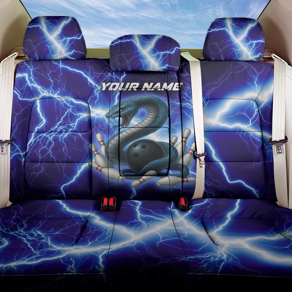 Snake and Bowling Ball Design Back Car Seat Cover with Lightning Background and Custom Team Name Text - Wonder Print Shop
