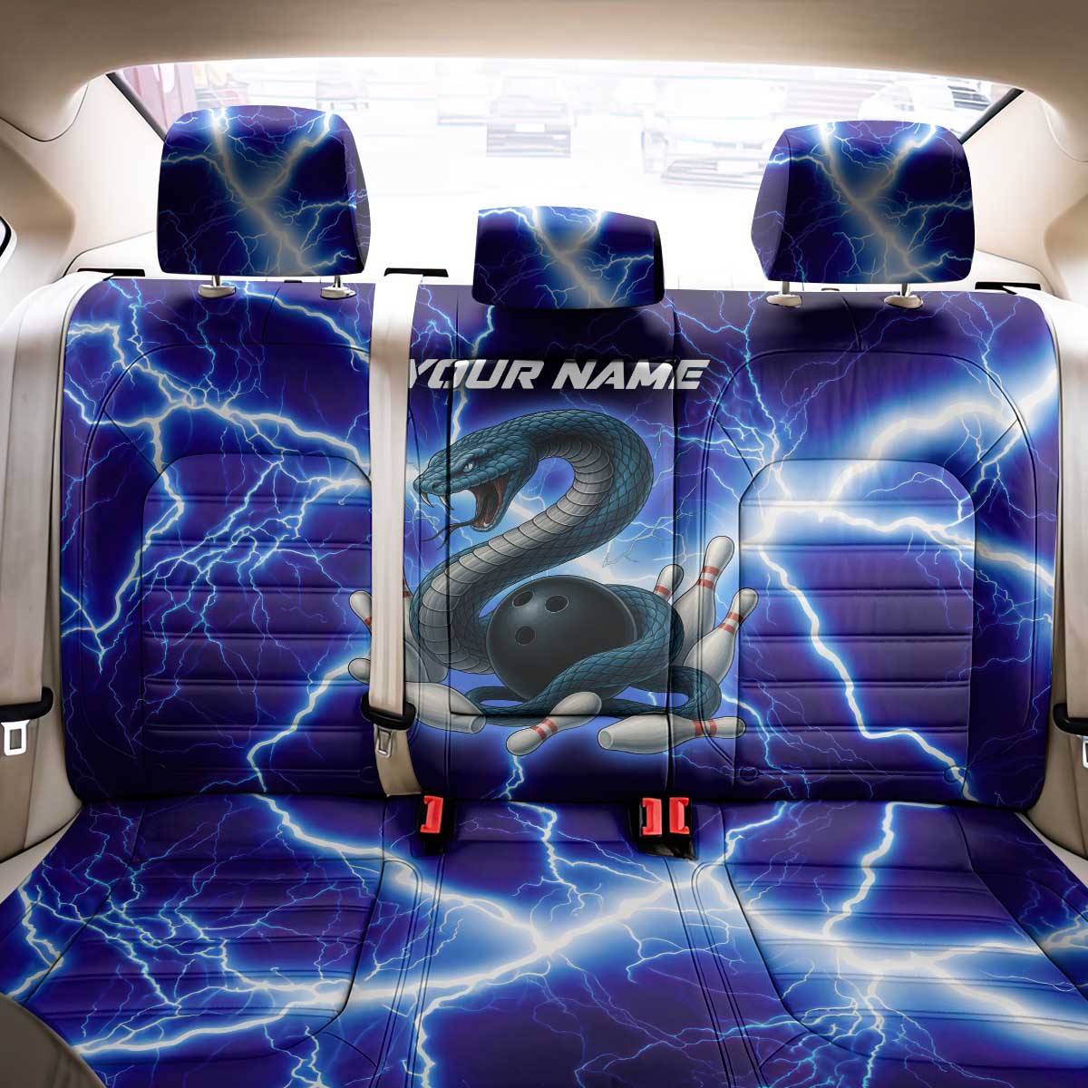 Snake and Bowling Ball Design Back Car Seat Cover with Lightning Background and Custom Team Name Text - Wonder Print Shop