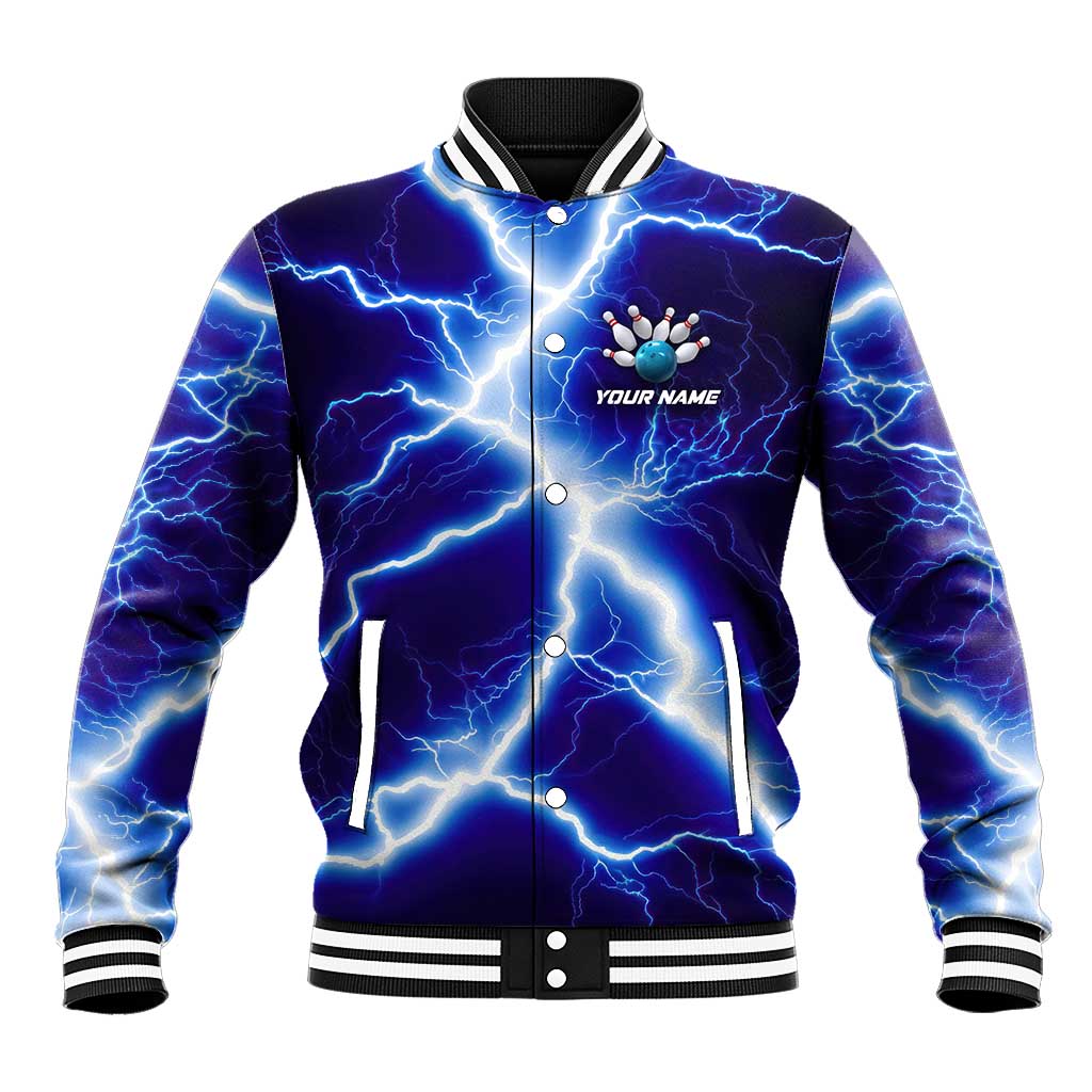Snake and Bowling Ball Design Baseball Jacket with Lightning Background and Custom Team Name Text - Wonder Print Shop