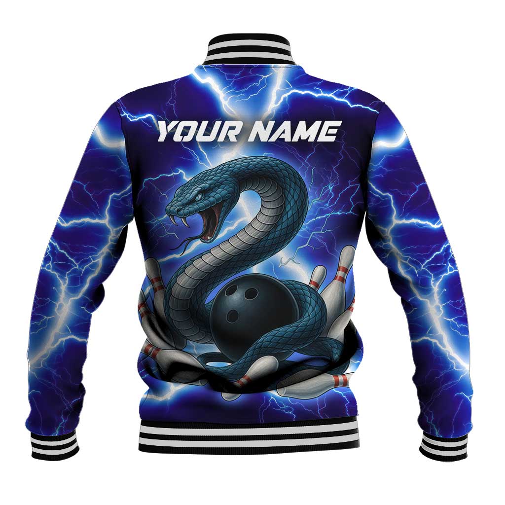Snake and Bowling Ball Design Baseball Jacket with Lightning Background and Custom Team Name Text - Wonder Print Shop