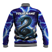 Snake and Bowling Ball Design Baseball Jacket with Lightning Background and Custom Team Name Text - Wonder Print Shop