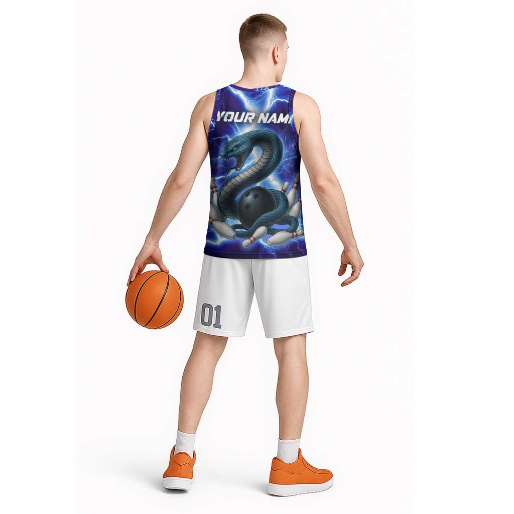 Snake and Bowling Ball Design Basketball Jersey with Lightning Background and Custom Team Name Text - Wonder Print Shop