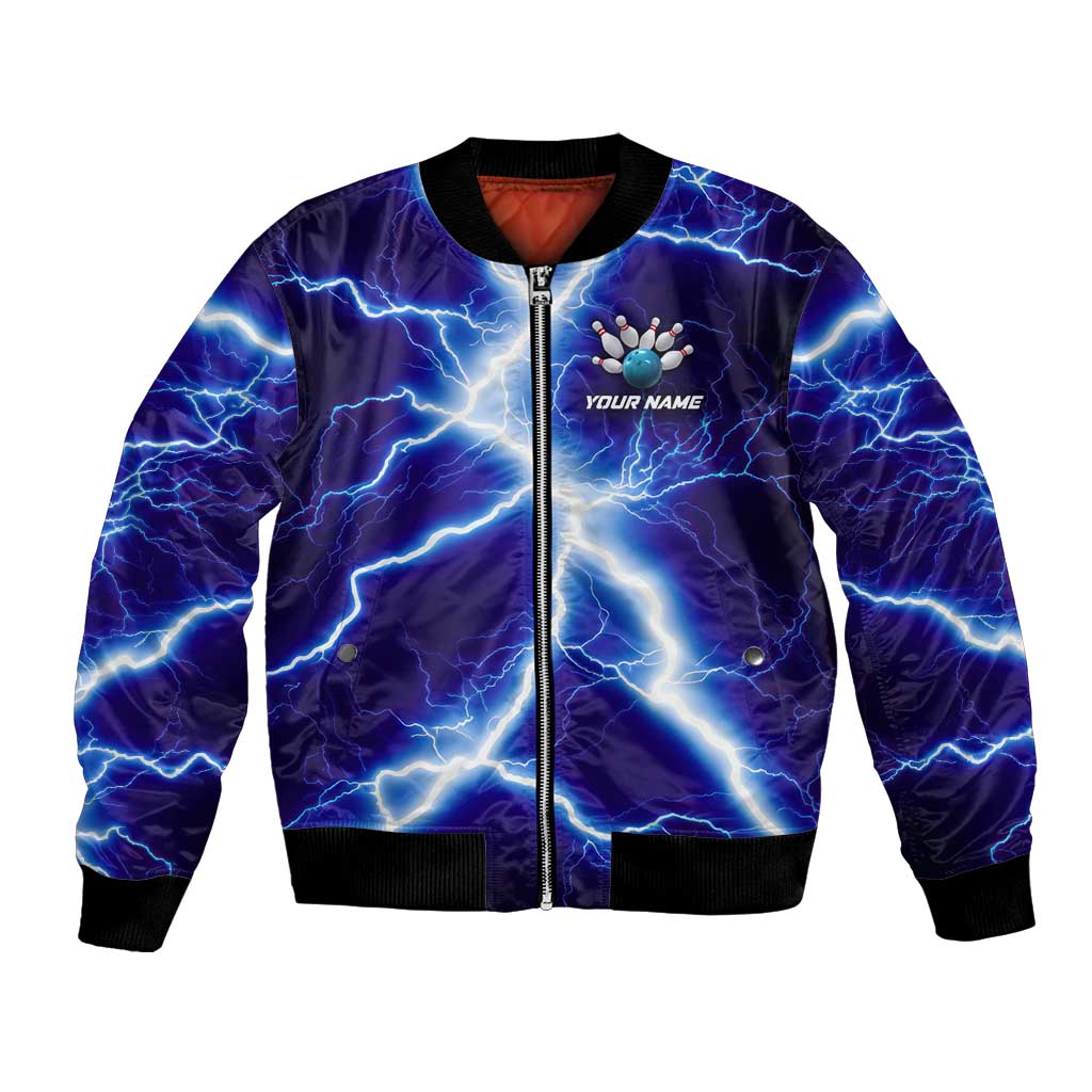 Snake and Bowling Ball Design Bomber Jacket with Lightning Background and Custom Team Name Text - Wonder Print Shop