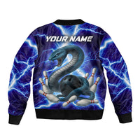 Snake and Bowling Ball Design Bomber Jacket with Lightning Background and Custom Team Name Text - Wonder Print Shop
