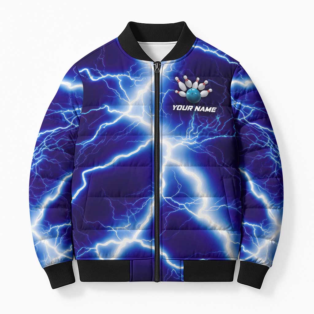 Snake and Bowling Ball Design Bomber Puffer Jacket with Lightning Background and Custom Team Name Text - Wonder Print Shop
