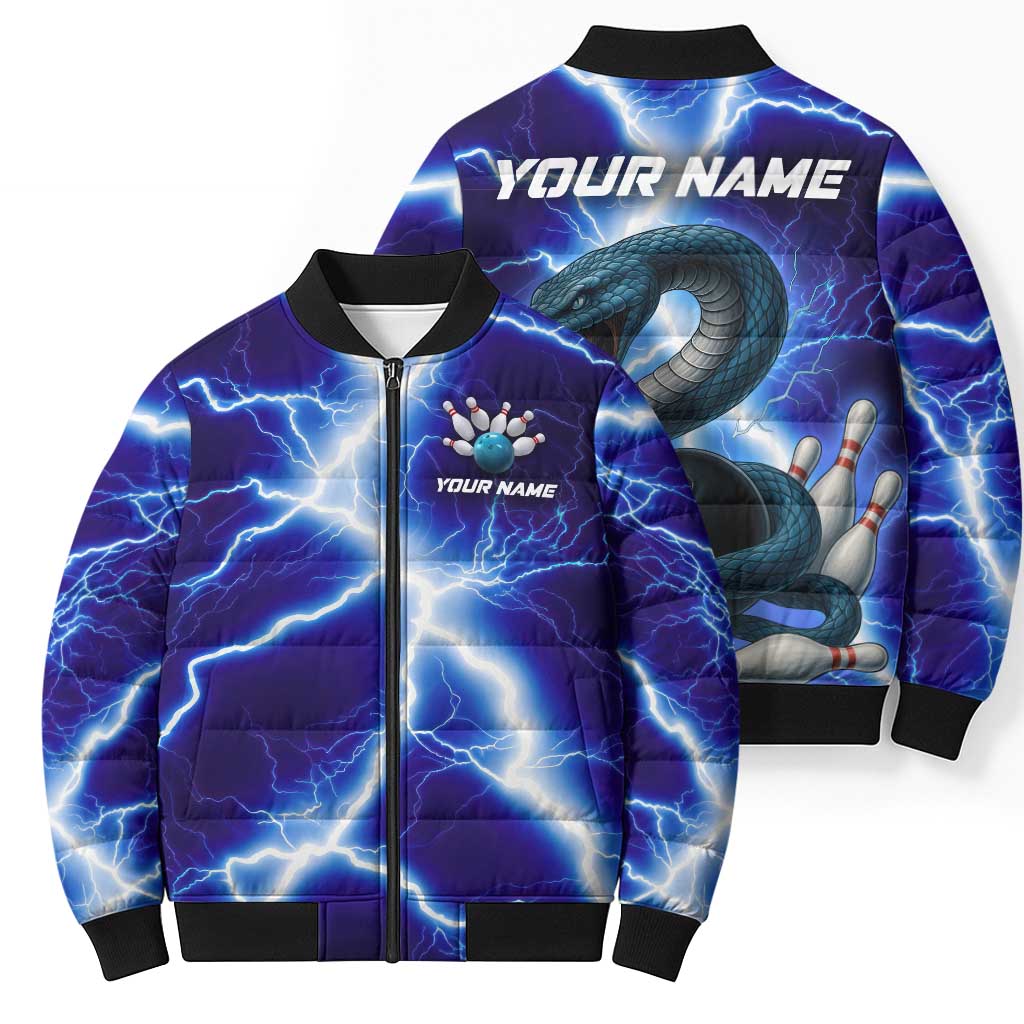 Snake and Bowling Ball Design Bomber Puffer Jacket with Lightning Background and Custom Team Name Text - Wonder Print Shop