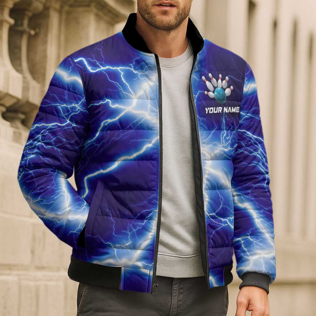 Snake and Bowling Ball Design Bomber Puffer Jacket with Lightning Background and Custom Team Name Text - Wonder Print Shop