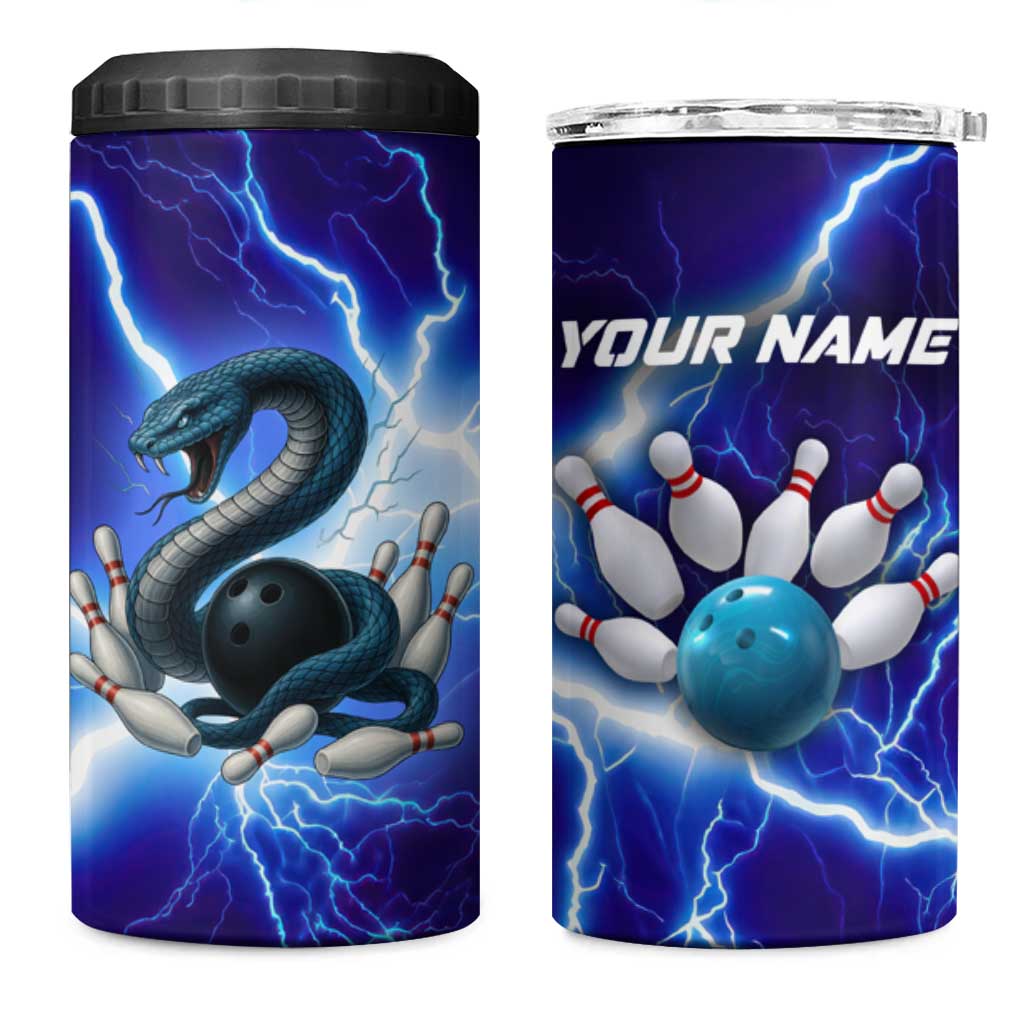 Snake and Bowling Ball Design 4 in 1 Can Cooler Tumbler with Lightning Background and Custom Team Name Text - Wonder Print Shop