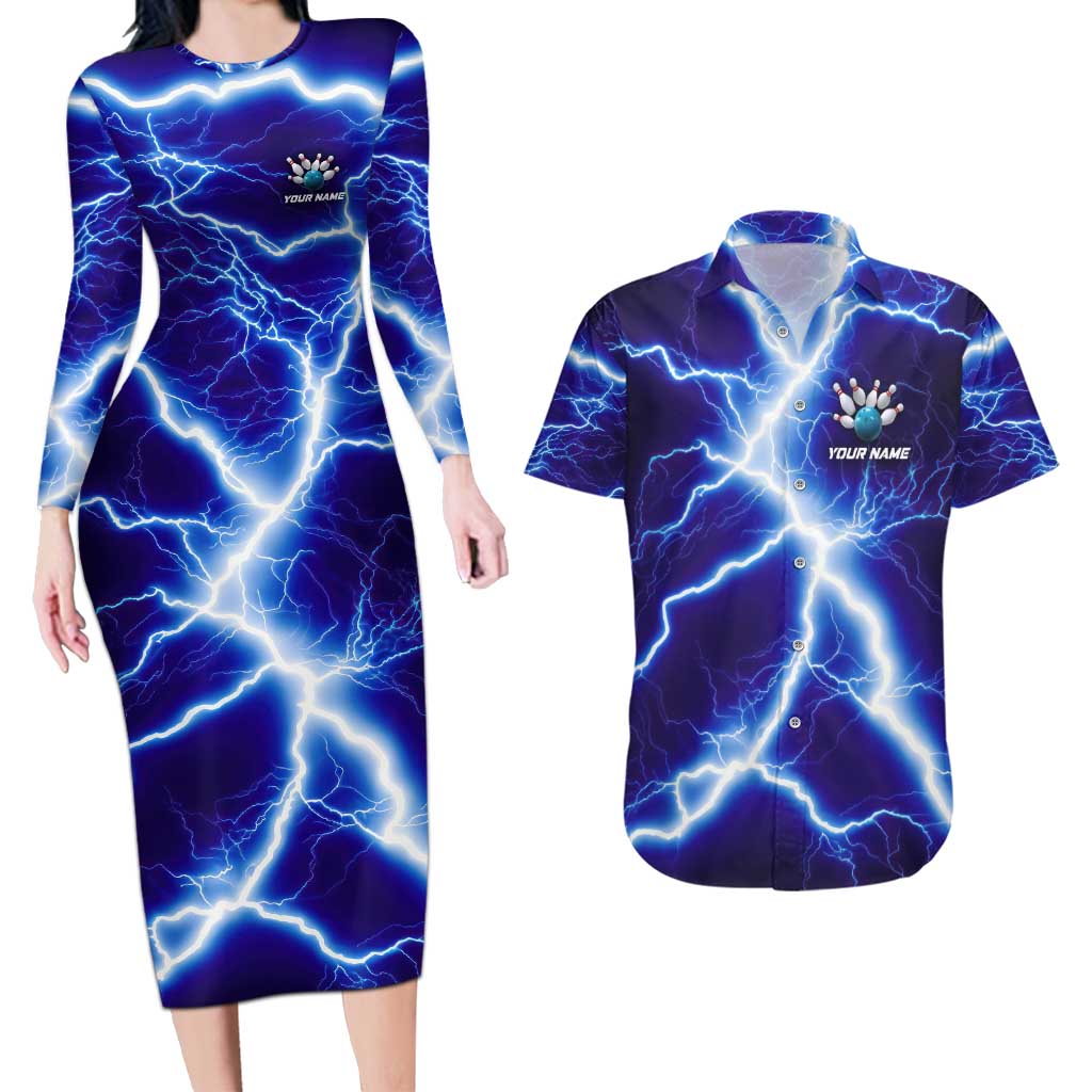 Snake and Bowling Ball Design Couples Matching Long Sleeve Bodycon Dress and Hawaiian Shirt with Lightning Background and Custom Team Name Text - Wonder Print Shop