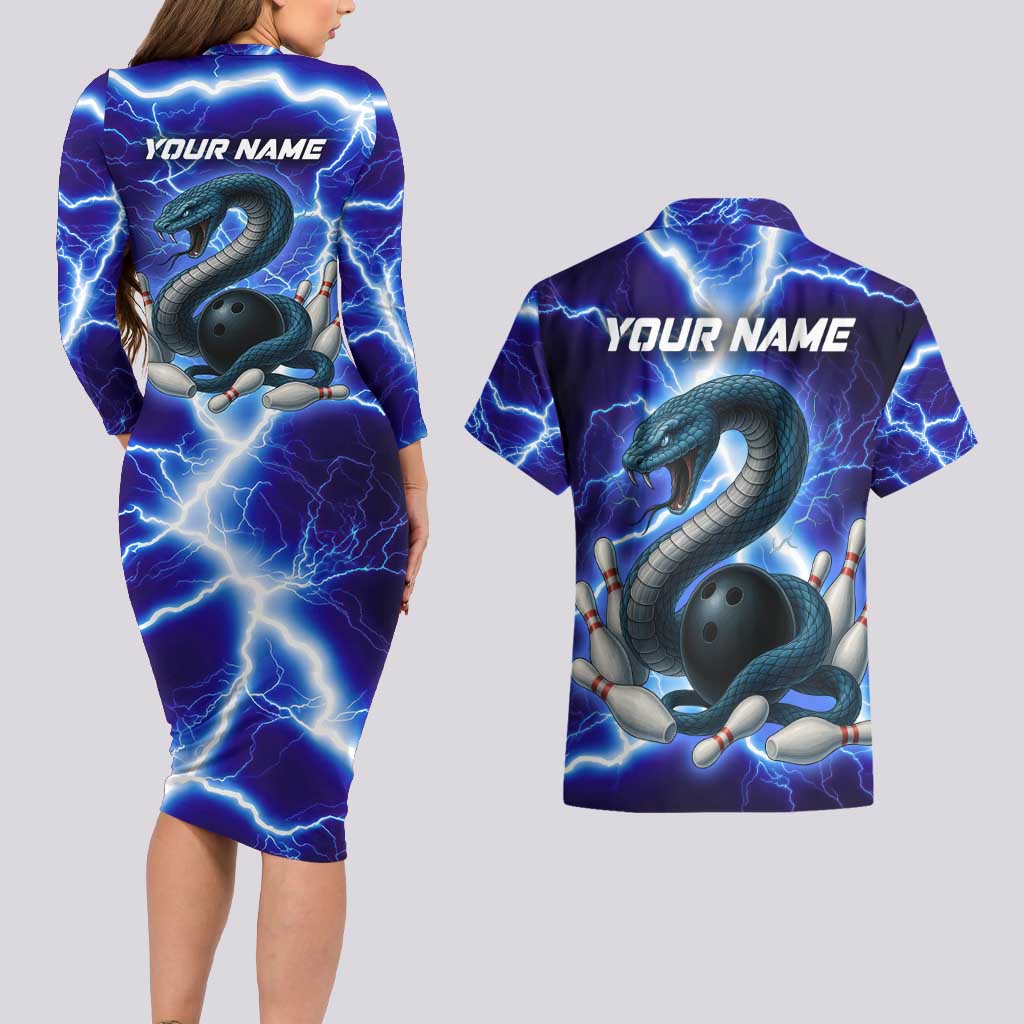 Snake and Bowling Ball Design Couples Matching Long Sleeve Bodycon Dress and Hawaiian Shirt with Lightning Background and Custom Team Name Text - Wonder Print Shop