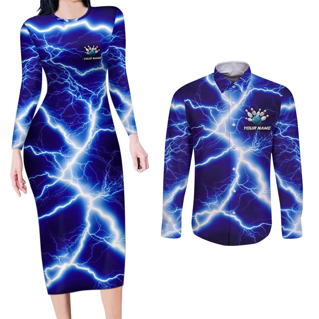 Snake and Bowling Ball Design Couples Matching Long Sleeve Bodycon Dress and Long Sleeve Button Shirt with Lightning Background and Custom Team Name Text - Wonder Print Shop