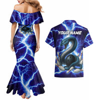 Snake and Bowling Ball Design Couples Matching Mermaid Dress and Hawaiian Shirt with Lightning Background and Custom Team Name Text - Wonder Print Shop