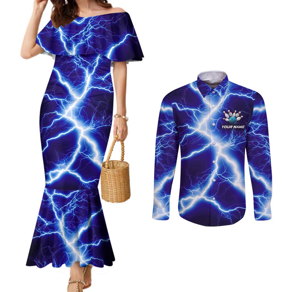 Snake and Bowling Ball Design Couples Matching Mermaid Dress and Long Sleeve Button Shirt with Lightning Background and Custom Team Name Text - Wonder Print Shop