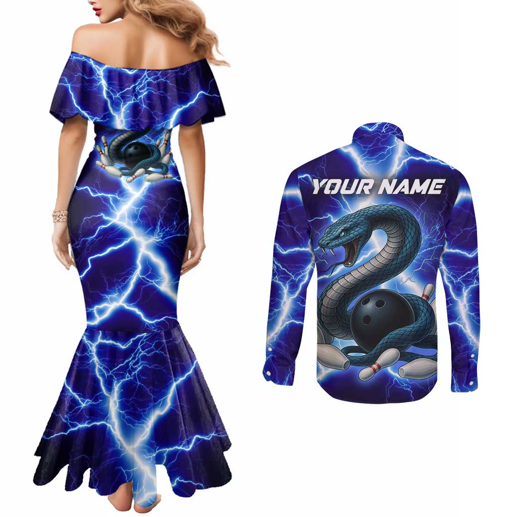 Snake and Bowling Ball Design Couples Matching Mermaid Dress and Long Sleeve Button Shirt with Lightning Background and Custom Team Name Text - Wonder Print Shop