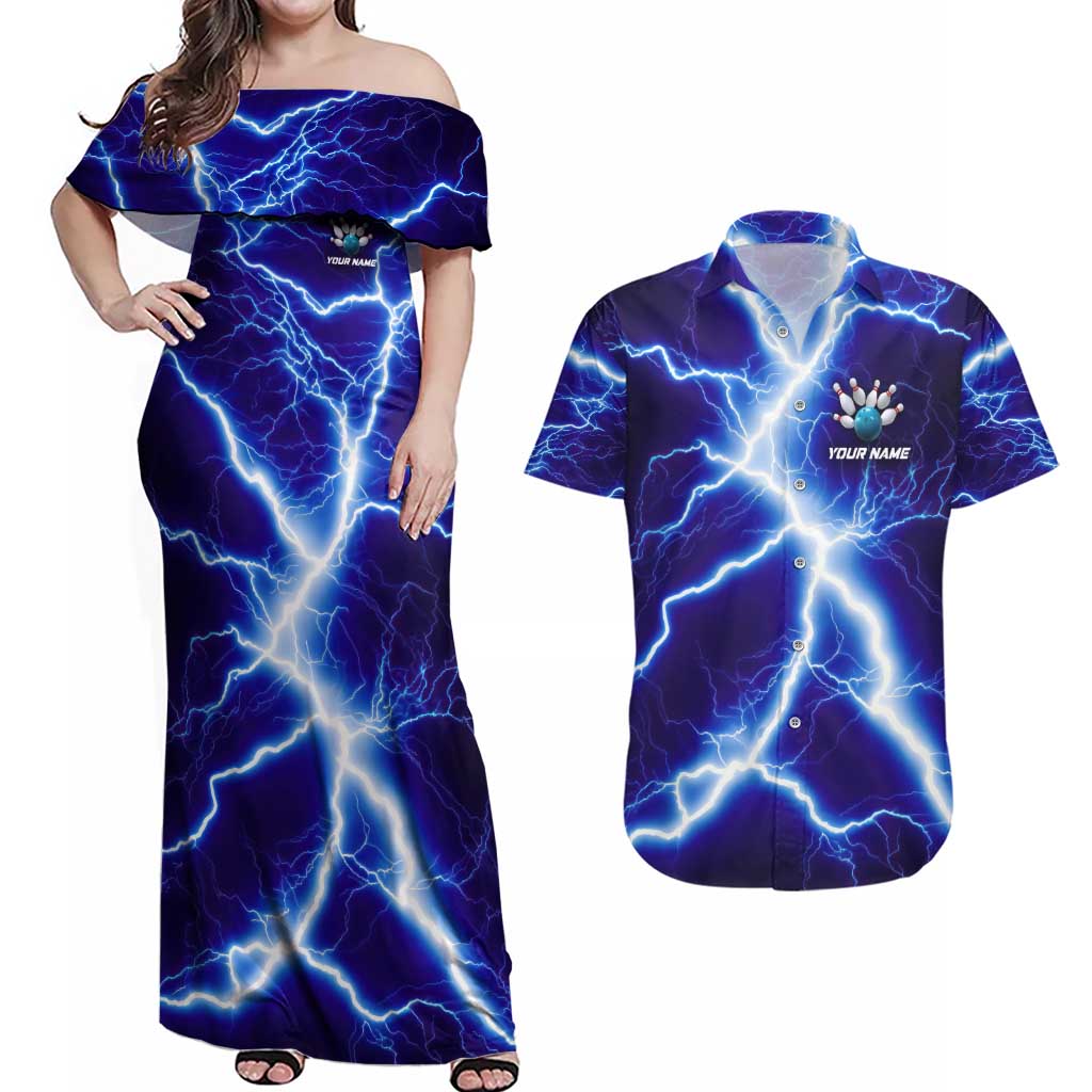 Snake and Bowling Ball Design Couples Matching Off Shoulder Maxi Dress and Hawaiian Shirt with Lightning Background and Custom Team Name Text - Wonder Print Shop