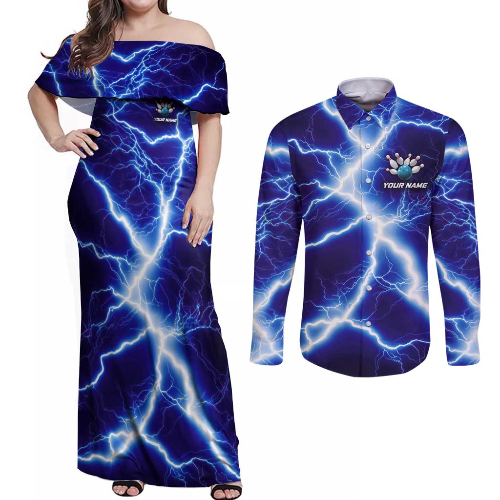Snake and Bowling Ball Design Couples Matching Off Shoulder Maxi Dress and Long Sleeve Button Shirt with Lightning Background and Custom Team Name Text - Wonder Print Shop