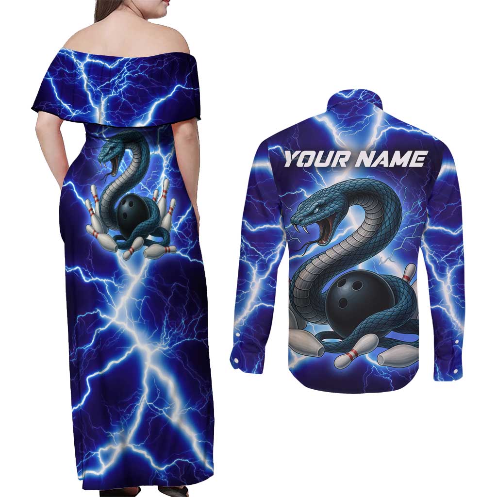 Snake and Bowling Ball Design Couples Matching Off Shoulder Maxi Dress and Long Sleeve Button Shirt with Lightning Background and Custom Team Name Text - Wonder Print Shop