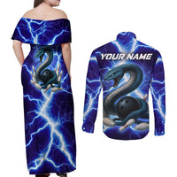 Snake and Bowling Ball Design Couples Matching Off Shoulder Maxi Dress and Long Sleeve Button Shirt with Lightning Background and Custom Team Name Text - Wonder Print Shop