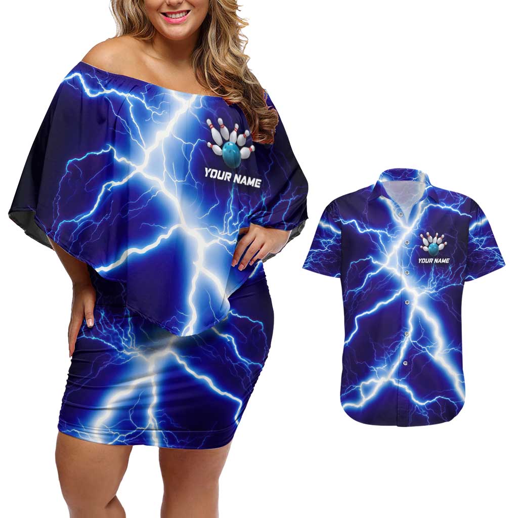 Snake and Bowling Ball Design Couples Matching Off Shoulder Short Dress and Hawaiian Shirt with Lightning Background and Custom Team Name Text - Wonder Print Shop
