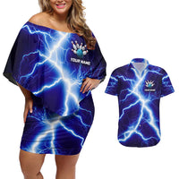 Snake and Bowling Ball Design Couples Matching Off Shoulder Short Dress and Hawaiian Shirt with Lightning Background and Custom Team Name Text - Wonder Print Shop