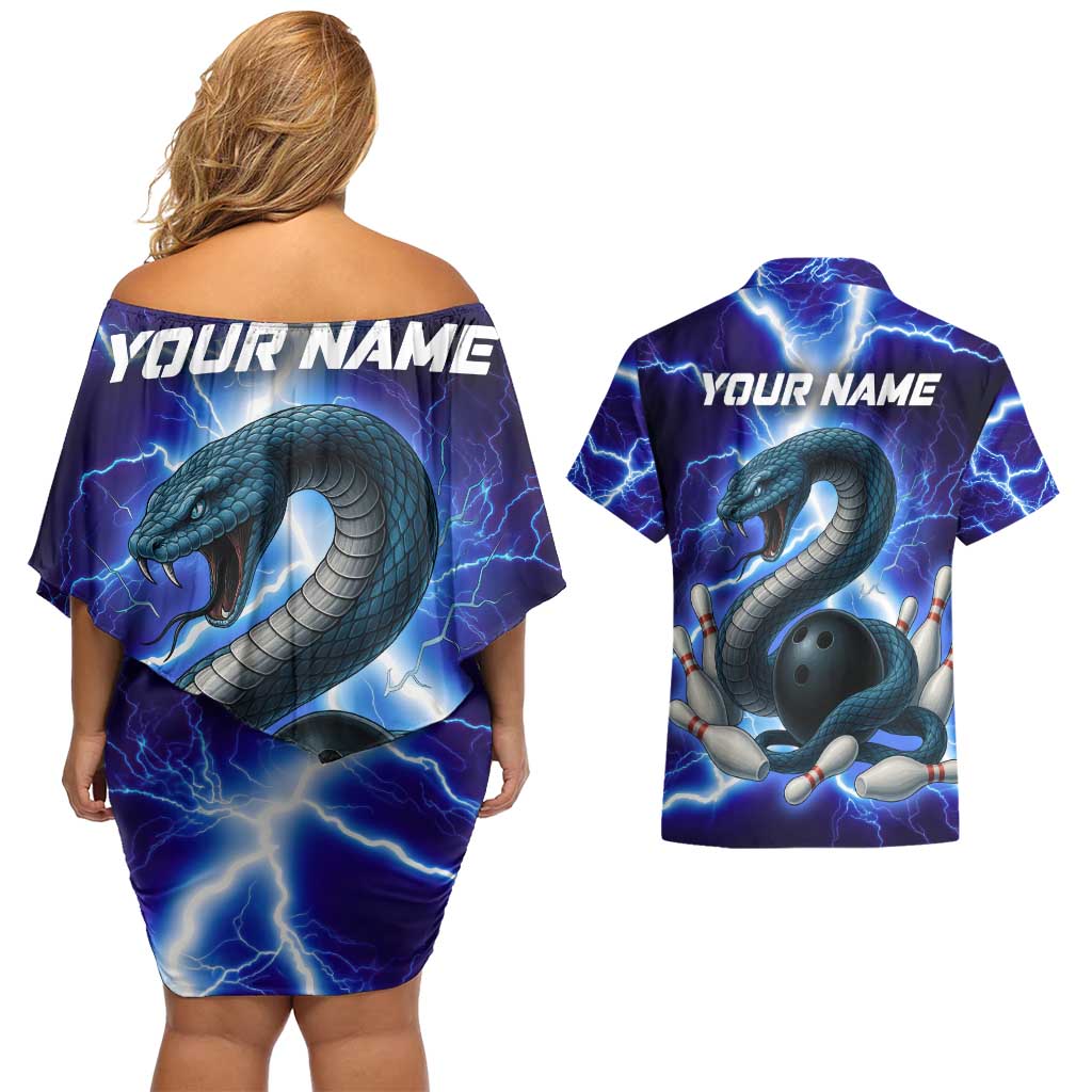 Snake and Bowling Ball Design Couples Matching Off Shoulder Short Dress and Hawaiian Shirt with Lightning Background and Custom Team Name Text - Wonder Print Shop