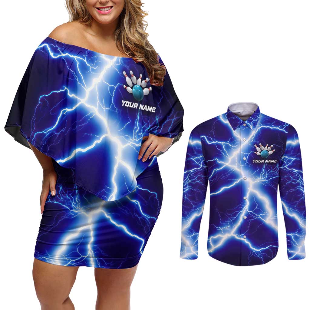 Snake and Bowling Ball Design Couples Matching Off Shoulder Short Dress and Long Sleeve Button Shirt with Lightning Background and Custom Team Name Text - Wonder Print Shop