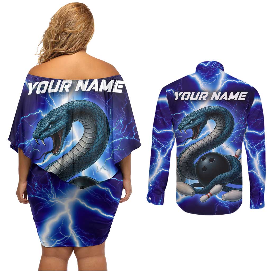 Snake and Bowling Ball Design Couples Matching Off Shoulder Short Dress and Long Sleeve Button Shirt with Lightning Background and Custom Team Name Text - Wonder Print Shop