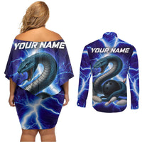 Snake and Bowling Ball Design Couples Matching Off Shoulder Short Dress and Long Sleeve Button Shirt with Lightning Background and Custom Team Name Text - Wonder Print Shop