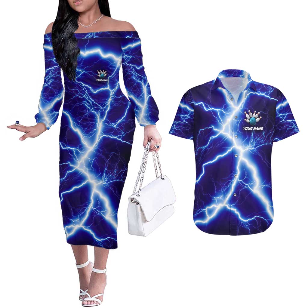 Snake and Bowling Ball Design Couples Matching Off The Shoulder Long Sleeve Dress and Hawaiian Shirt with Lightning Background and Custom Team Name Text - Wonder Print Shop