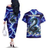 Snake and Bowling Ball Design Couples Matching Off The Shoulder Long Sleeve Dress and Hawaiian Shirt with Lightning Background and Custom Team Name Text - Wonder Print Shop