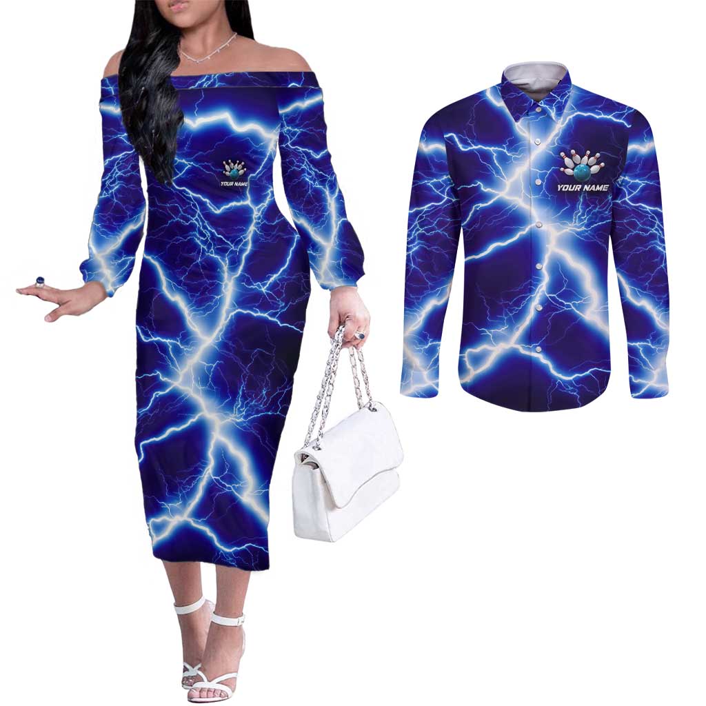 Snake and Bowling Ball Design Couples Matching Off The Shoulder Long Sleeve Dress and Long Sleeve Button Shirt with Lightning Background and Custom Team Name Text - Wonder Print Shop