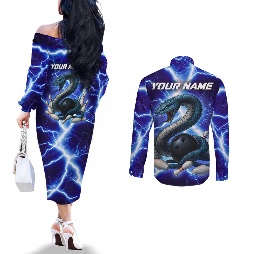 Snake and Bowling Ball Design Couples Matching Off The Shoulder Long Sleeve Dress and Long Sleeve Button Shirt with Lightning Background and Custom Team Name Text - Wonder Print Shop