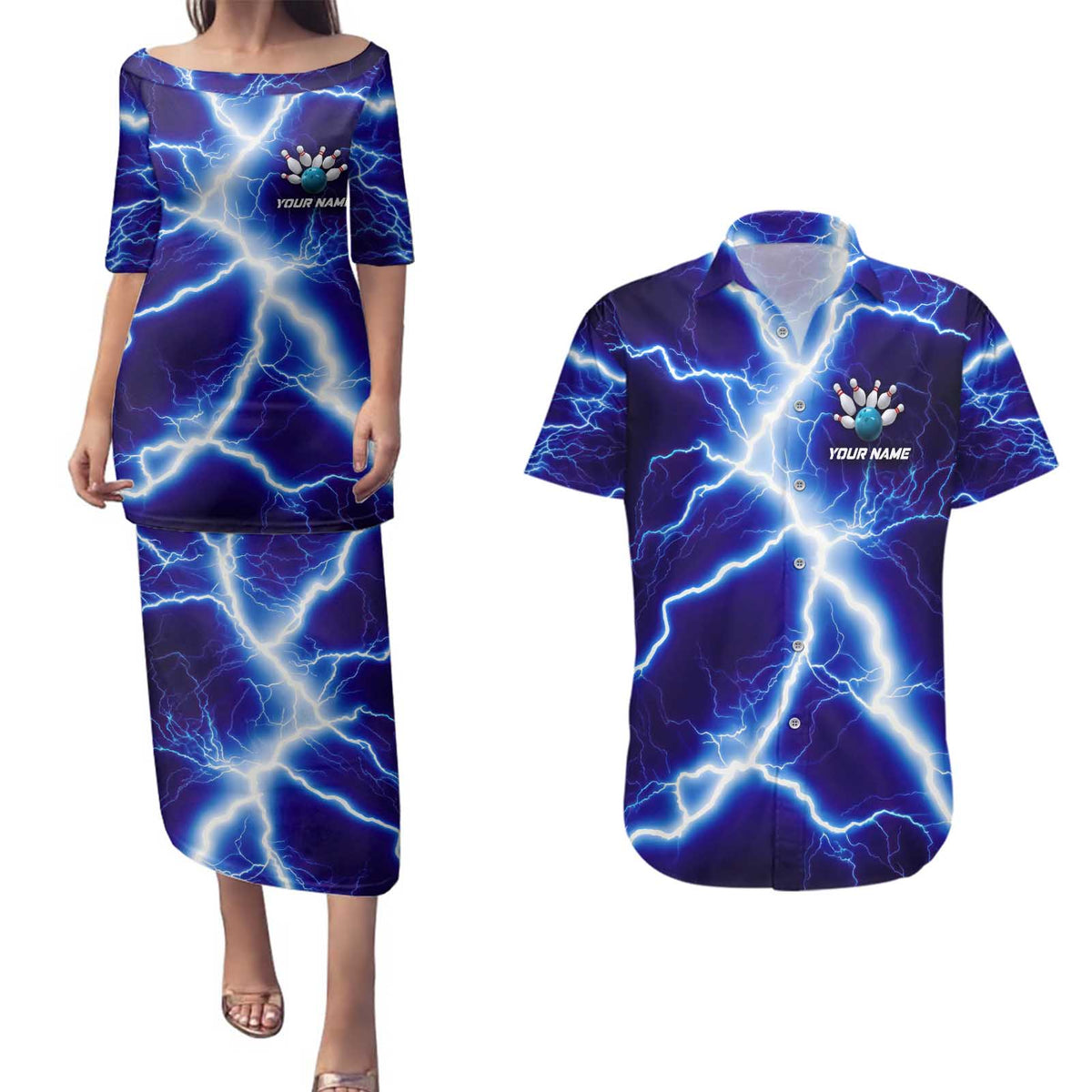 Snake and Bowling Ball Design Couples Matching Puletasi and Hawaiian Shirt with Lightning Background and Custom Team Name Text - Wonder Print Shop