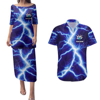 Snake and Bowling Ball Design Couples Matching Puletasi and Hawaiian Shirt with Lightning Background and Custom Team Name Text - Wonder Print Shop