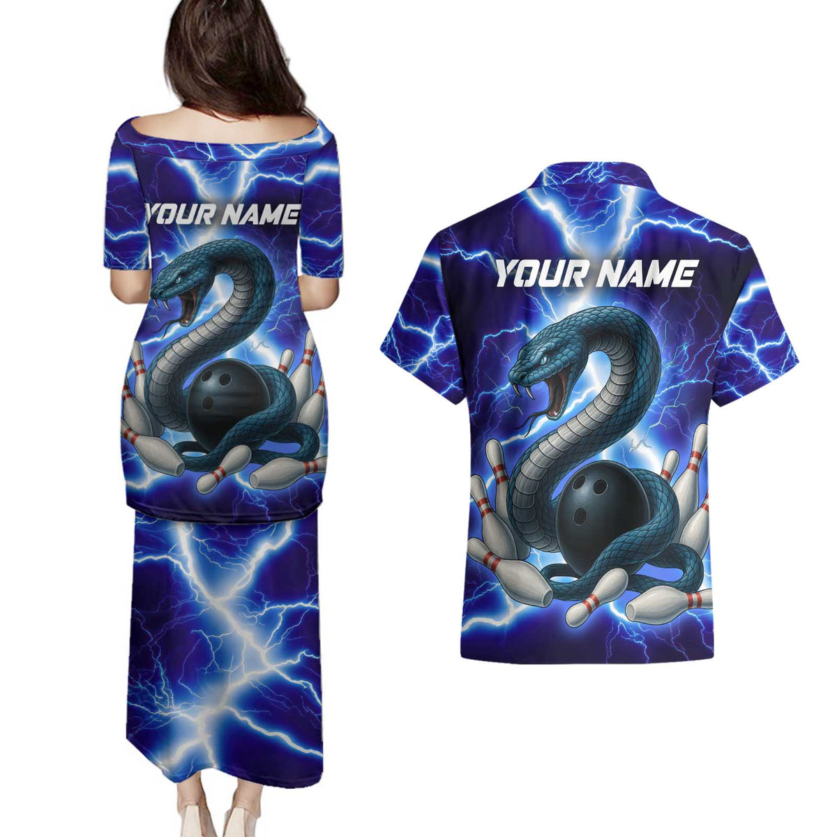 Snake and Bowling Ball Design Couples Matching Puletasi and Hawaiian Shirt with Lightning Background and Custom Team Name Text - Wonder Print Shop